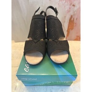 Easy Street Women's Linda Wedge Block Heel Sandal Sz 9M Black Comfort Slingback